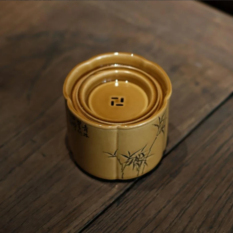 【非遗东方】赤金琉璃-梵山堂-竹刻诗文海棠建水-300ml（W0644）