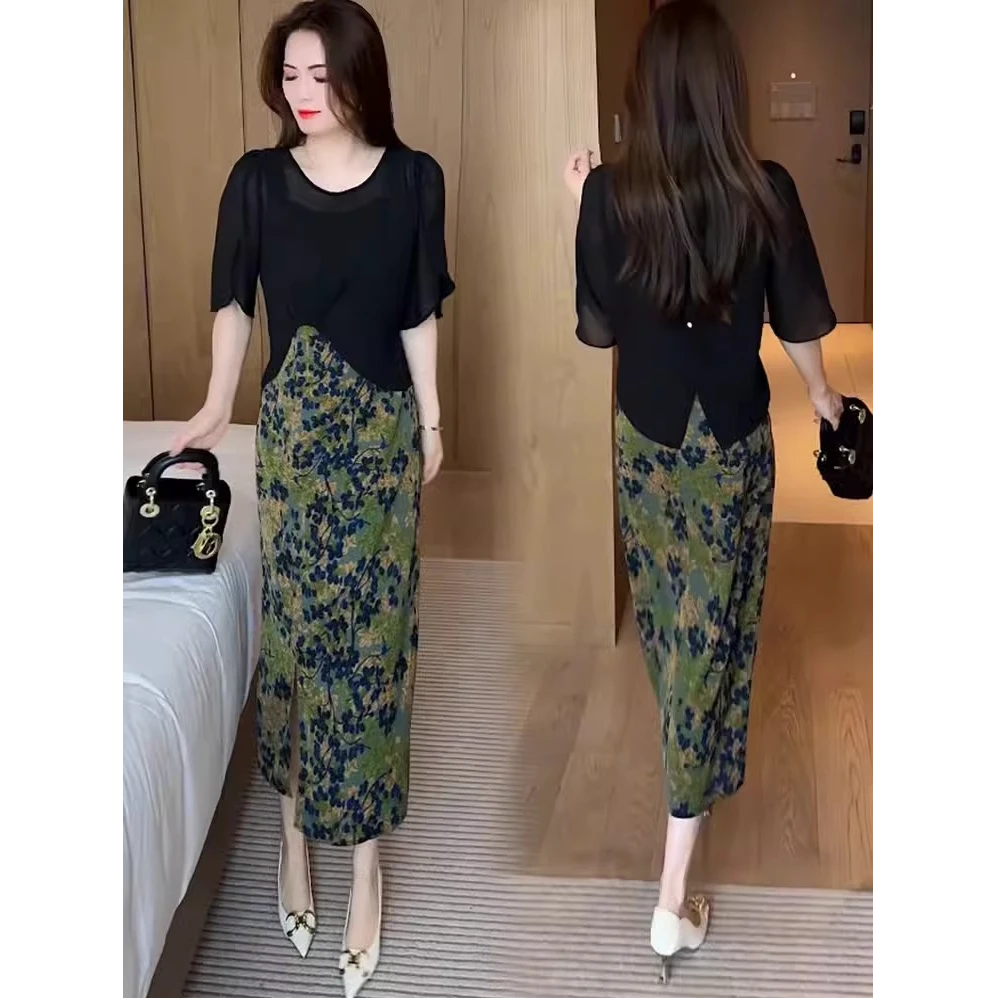 时尚碎花连衣裙女2025夏季新款洋气减龄防晒衫开叉背心裙两件套裙