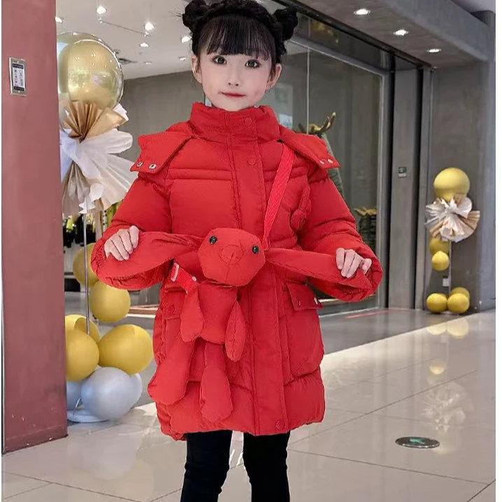 女童加绒加厚棉衣儿童男童洋气宝宝连帽中长款中大童冬季保暖韩版