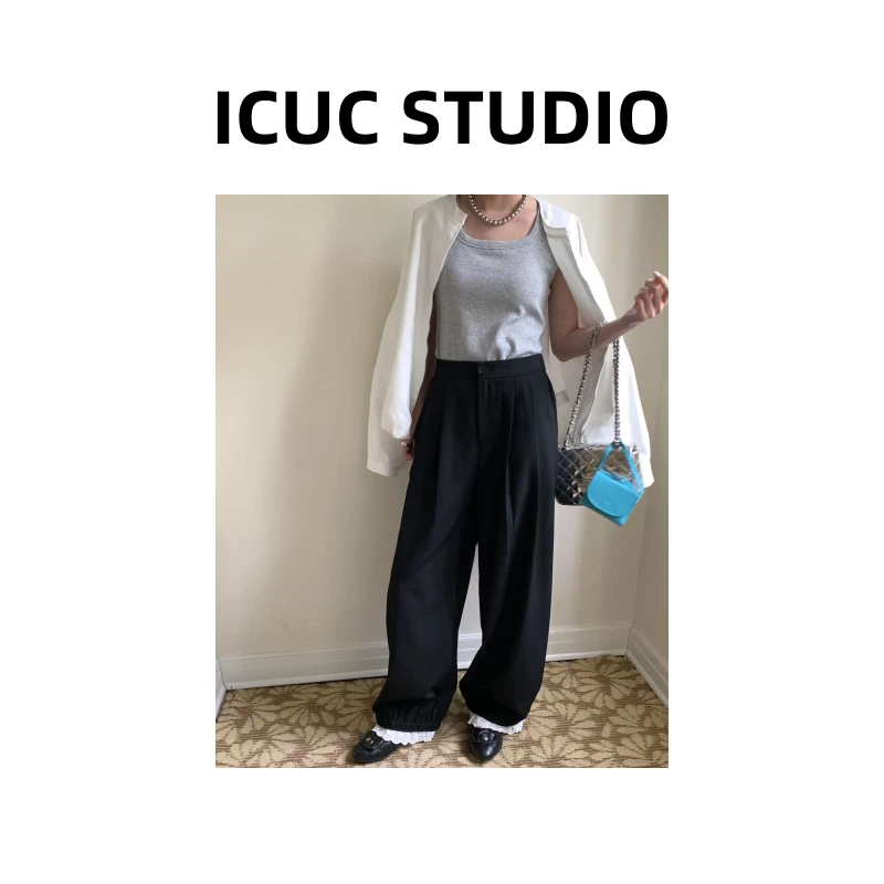 ICUC STUDIO-【欧诺风拼接蕾丝花边直筒裤】夏季气质百搭休闲裤5865