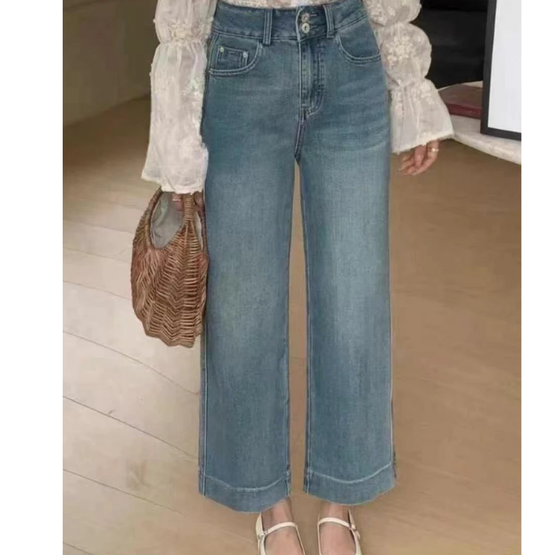 8925宽松浅蓝加绒直筒烟管裤冬季新款水洗复古显瘦阔腿牛仔裤