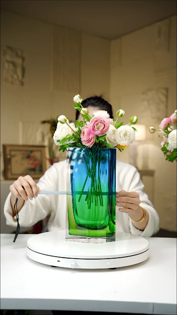 手工艺品琉璃蓝绿色方形花瓶