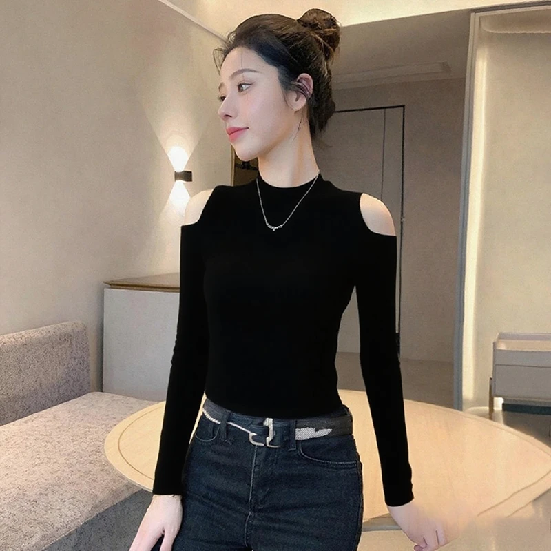 露肩长袖上衣短款内搭早秋女士爆款2025新款半高领性感打底衫t恤