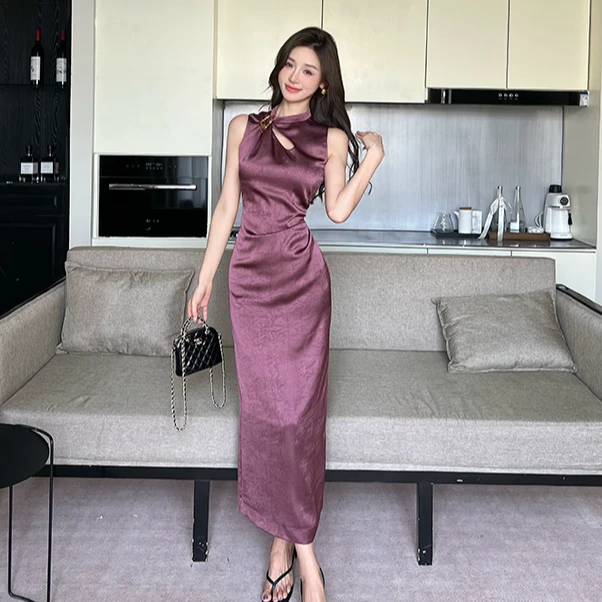 法式气质肌理感醋酸缎面无袖连衣裙女夏季高级性感晚礼服包臀长裙