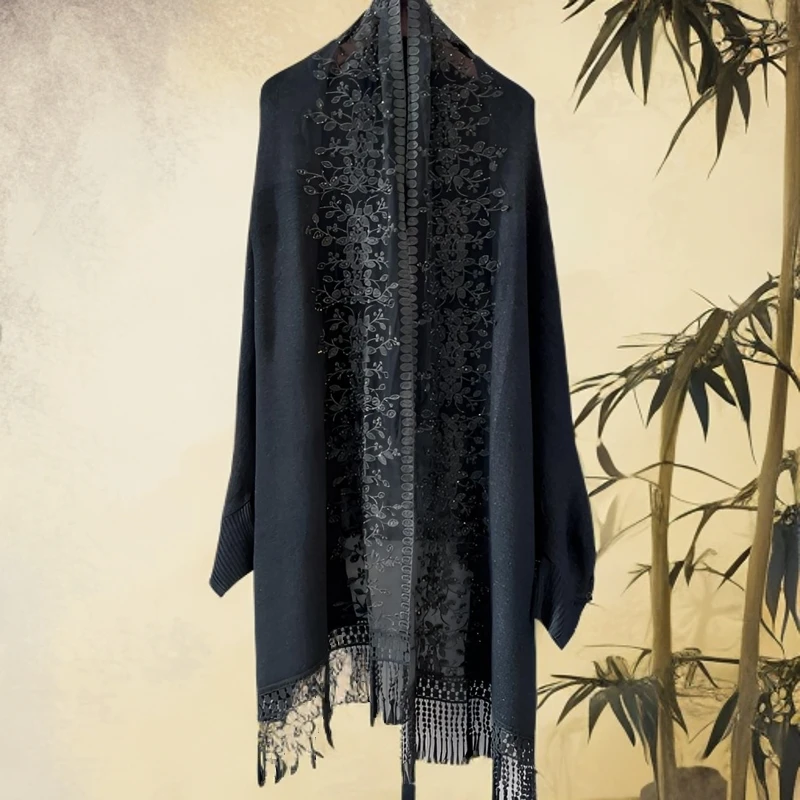 3363时尚宽松开衫百搭工艺通码外套气质重工披肩国风中老年妈妈装