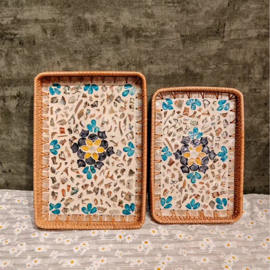 H真藤33*23*4三彩繁星长方形贝壳盘桌面茶几收纳茶杯水杯盘两件