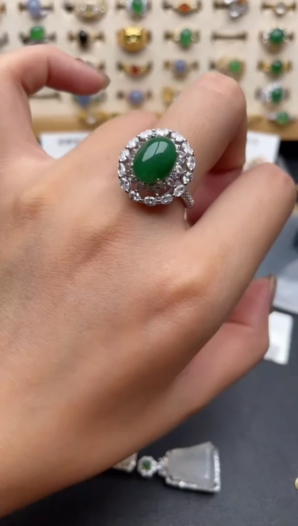 翡翠戒指银S925镶嵌一物一证一礼盒1