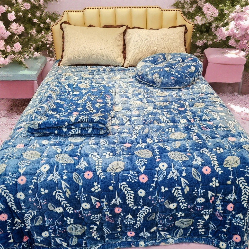 《云云家》尺寸150*200深蓝色植物花卉雪花绒床垫床褥