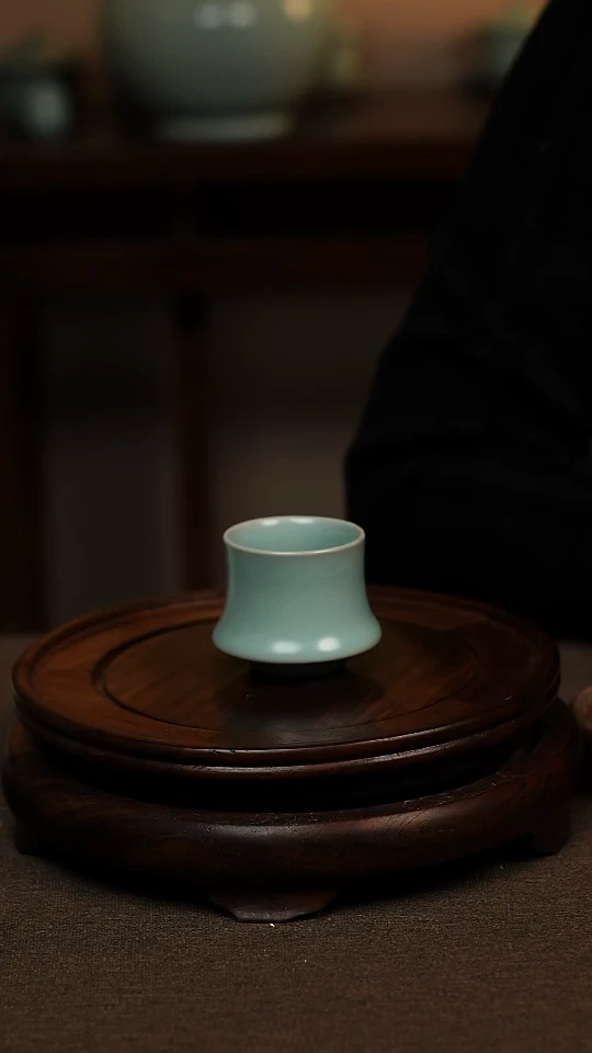 瓷片仿古天青全手工聚财杯40ml 微瑕 不带礼盒
