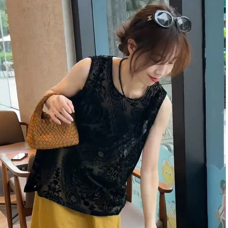 时尚夏季新款法式小香风植绒网纱女装设计感小众无袖宽松背心显瘦