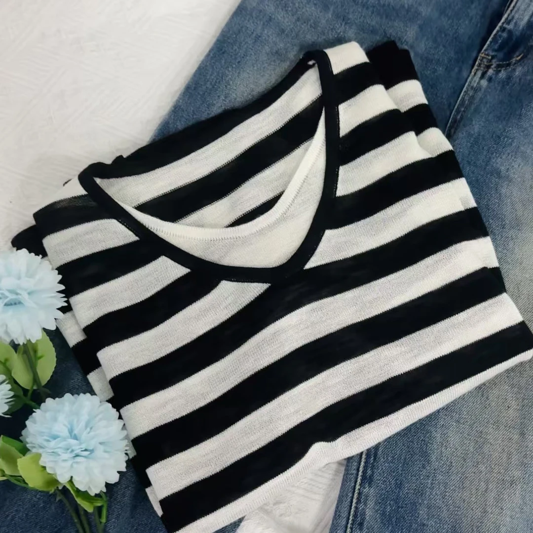 【假两件条纹】条纹休闲宽松大码假两件减龄洋气时尚气质针织衫