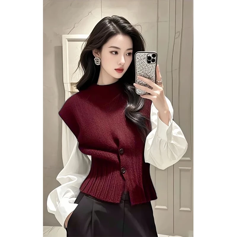 法式气质酒红色单马甲针织女秋冬新款高级感超好看复古洋气毛衣