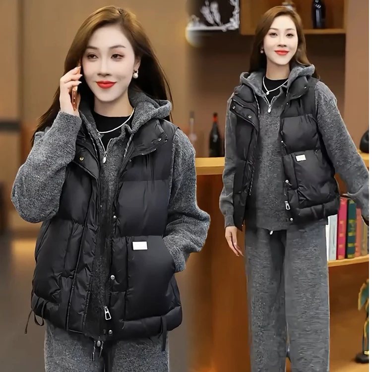 时尚套装女2025秋冬新款轻奢小众棉马甲连帽卫衣阔腿裤休闲三件套