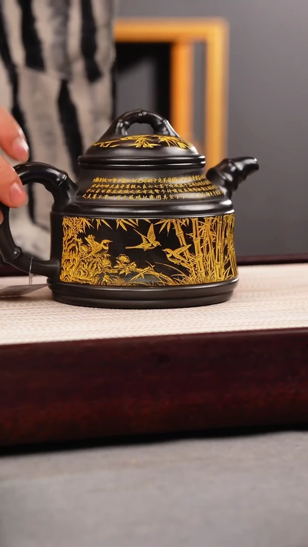 茶壶紫砂石黄 竹鼎 燕子图 描金