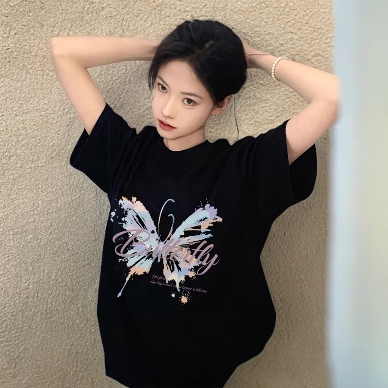 短袖t恤女时尚纯棉黑色2025新款爆款小个子宽松显瘦蝴蝶印花上衣