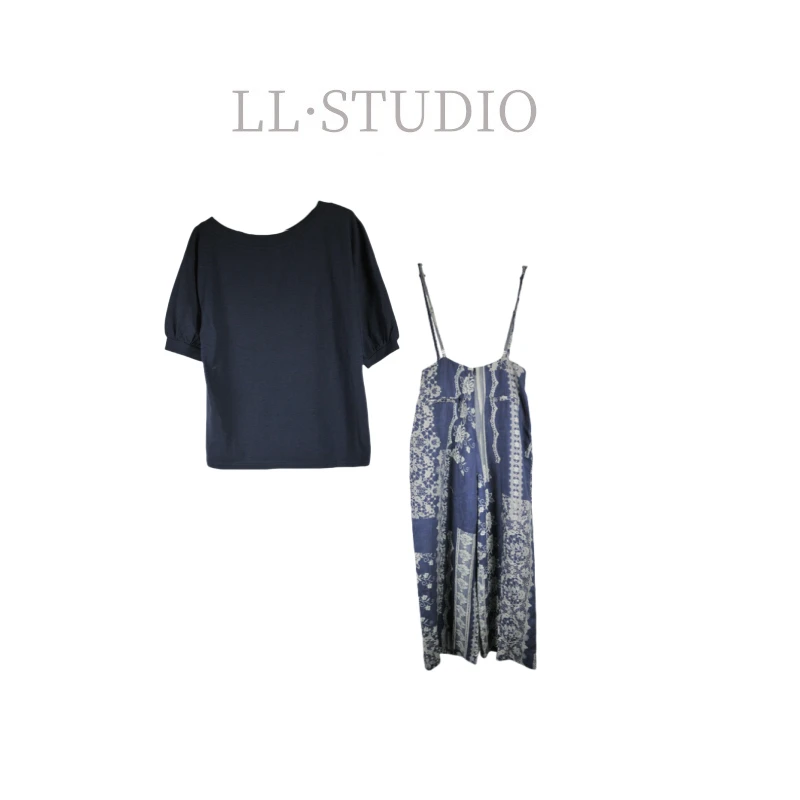 妙兮·LL夏季新款休闲百搭设计款斜肩T恤+吊带裤套装*20250926