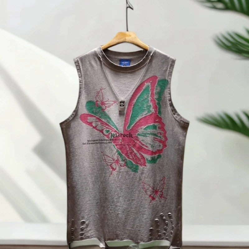 仓石一树美式无袖T恤男士夏季复古小众蝴蝶印花破洞运动坎肩背心