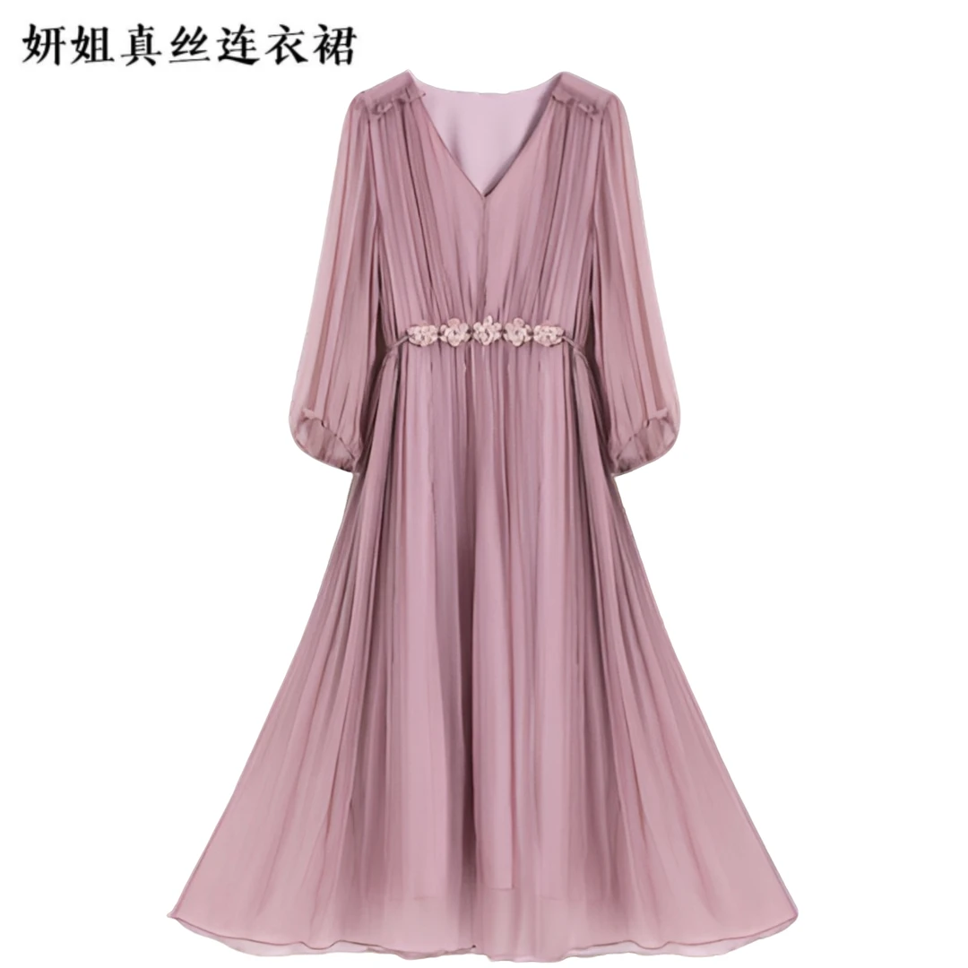 2025妍姐新款气质时尚新品中袖中长仙女裙款显瘦V领豆沙色 23155