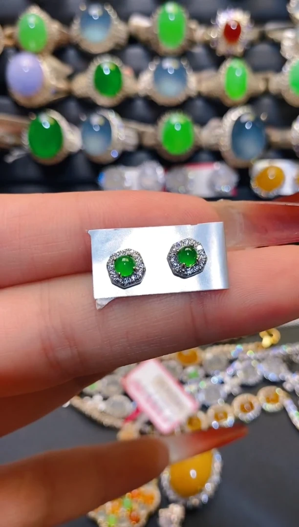 银S925镶嵌翡翠耳饰天然