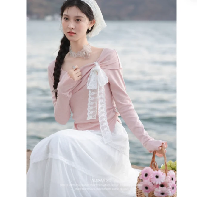 鹿向南「雾粉玫瑰」气质显瘦设计感长袖t恤女2025春季新款L52813