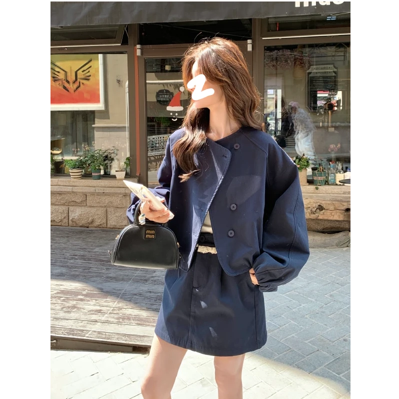 藏青色休闲松弛感时尚套装裙女秋季2025新款外套半身短裙两件套