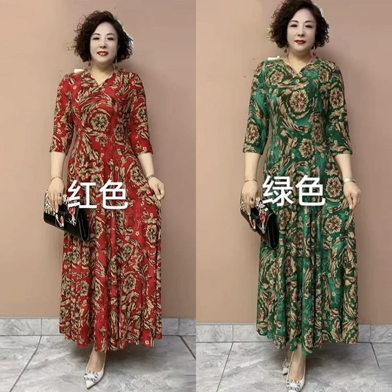 427正品时尚妈妈坠感连衣裙夏季新款中袖花色大码长款高弹大摆裙