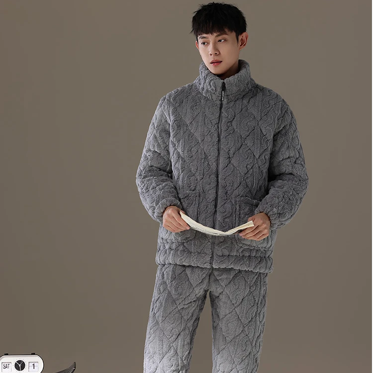 三层夹棉睡衣男士秋冬季加厚加绒提花拉链珊瑚绒保暖棉袄家居服