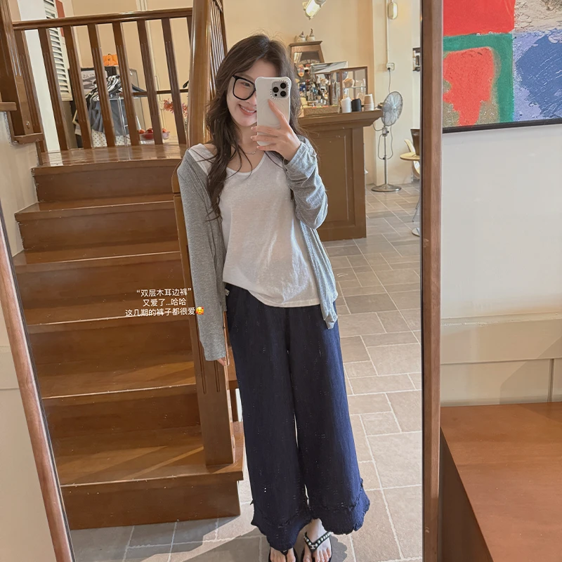 【闵笑一】宅宅裤 牛仔蓝小众设计夏季新款简约高腰休闲裤女长裤