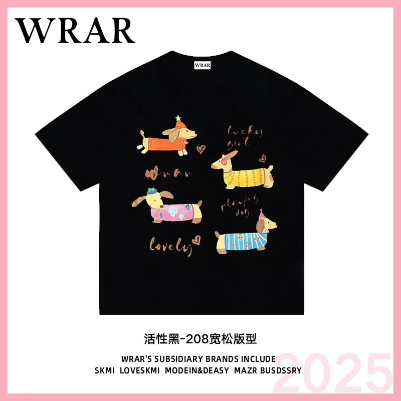 【帽子小狗】 新品透气宽松T恤休闲圆领设计师印花黑色1