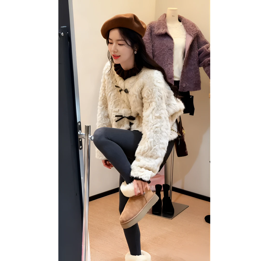 韩系慵懒风设计感牛角扣毛毛外套上衣女气质显瘦秋冬加绒百搭