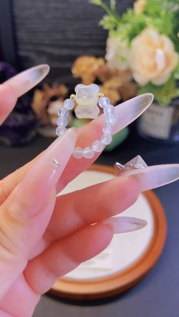 水晶戒指未镶嵌海蓝宝小熊