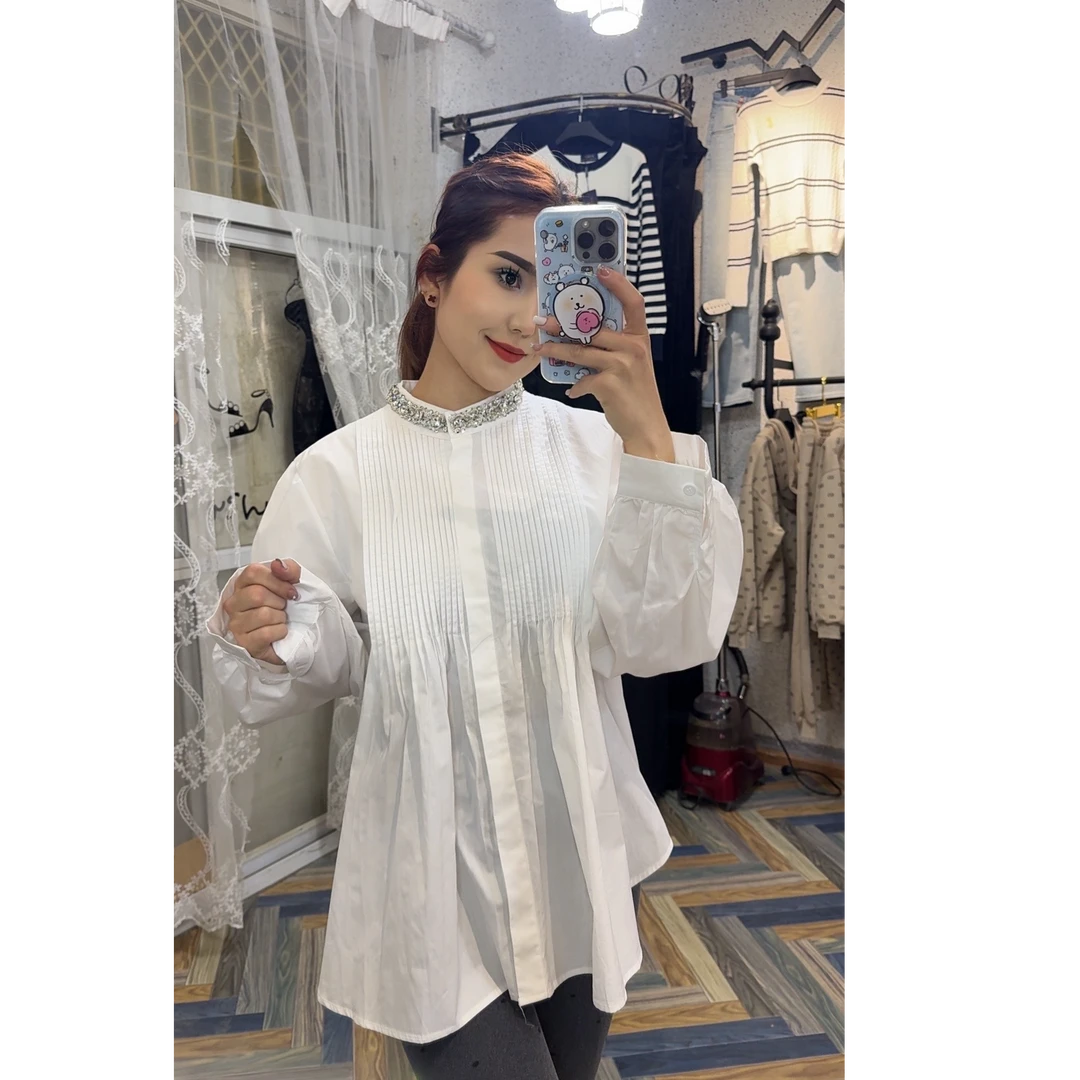 重工褶皱立领泡泡袖衬衫法式宽松气质百搭上衣女