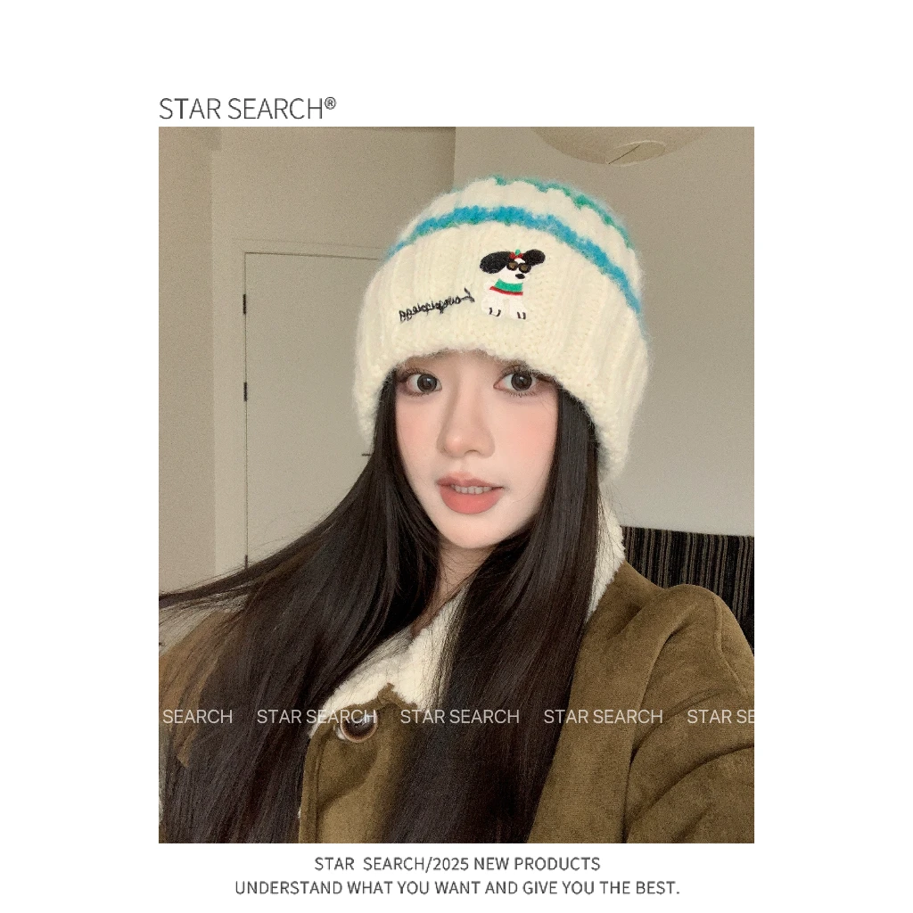 可爱小狗帽子女2025新款大头围针织帽冬保暖护耳毛线帽显脸小冷帽