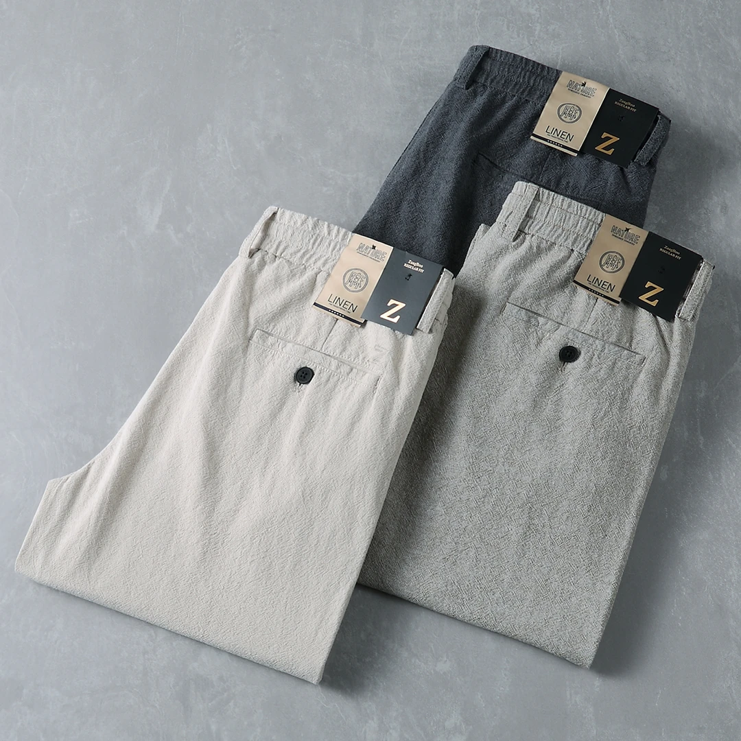 欧洲站亚麻夏季男士薄款宽松直筒裤松紧腰舒适透气高端麻料休闲裤
