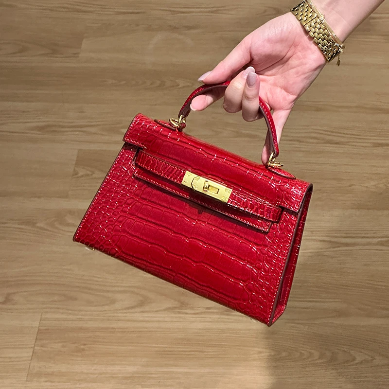 红色鳄鱼纹高级感手提单肩斜跨通勤女包