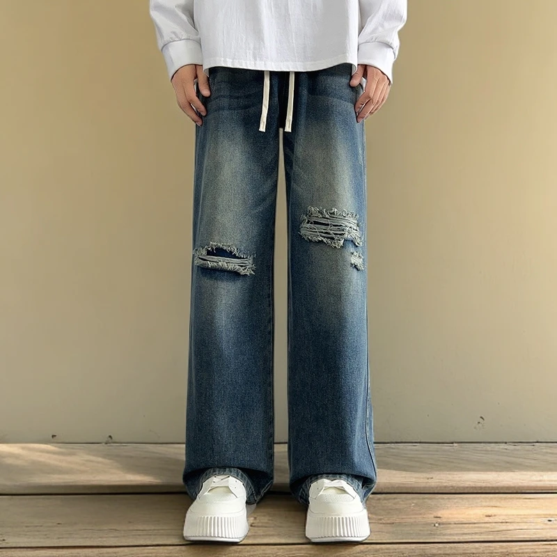 高品质美式复古破洞牛仔裤男夏季青春流行牛仔裤破洞男款休闲长裤