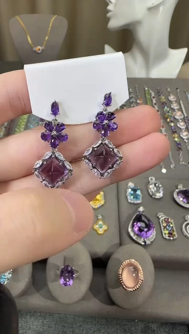 银S925镶嵌耳饰紫晶10mm耳坠糖塔设计款