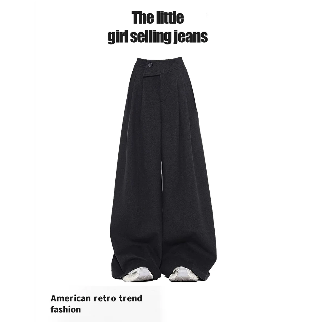 斜扣设计感灰色西装裤女春秋新款高腰毛呢阔腿直筒显瘦休闲裤子潮