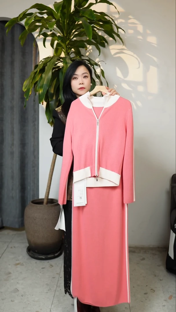 纯山羊绒休闲针织上衣加半裙两件套装，粉色，L码（100-110斤）