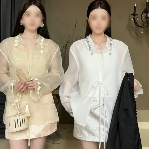 国风新中式花朵翻领系带纱衬衫上衣设计感小众衬衣
