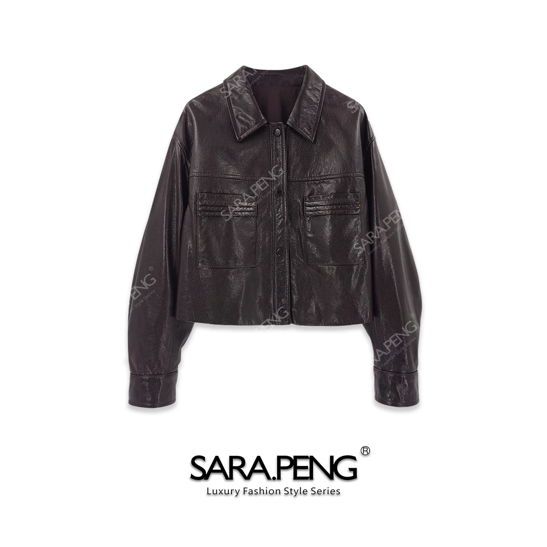 SARA.PENG时尚伦敦｜水晶油腊头层羊皮羊腿袖百搭皮外套｜1D168456