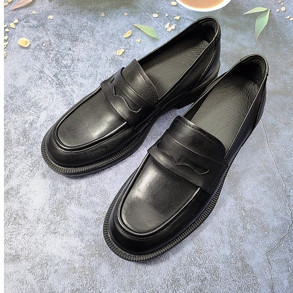 鞋匠华哥纯手工马皮乐福鞋女2025春秋新款一脚蹬粗跟黑色工作鞋