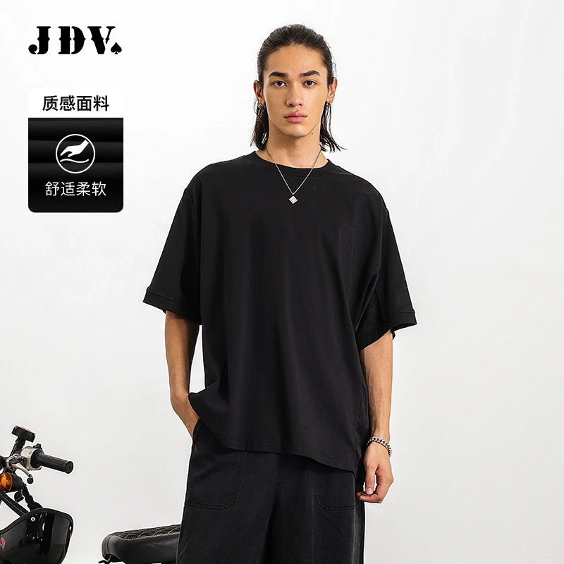 J.D.V2025春夏新款商场同款设计师男黑色拼接百搭圆领T恤STT5333