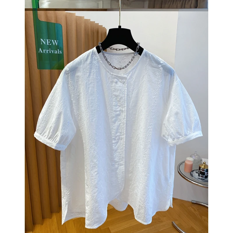 高级感白色刺绣衬衫女短袖2025新款夏季宽松轻薄圆领漂亮纯棉上衣