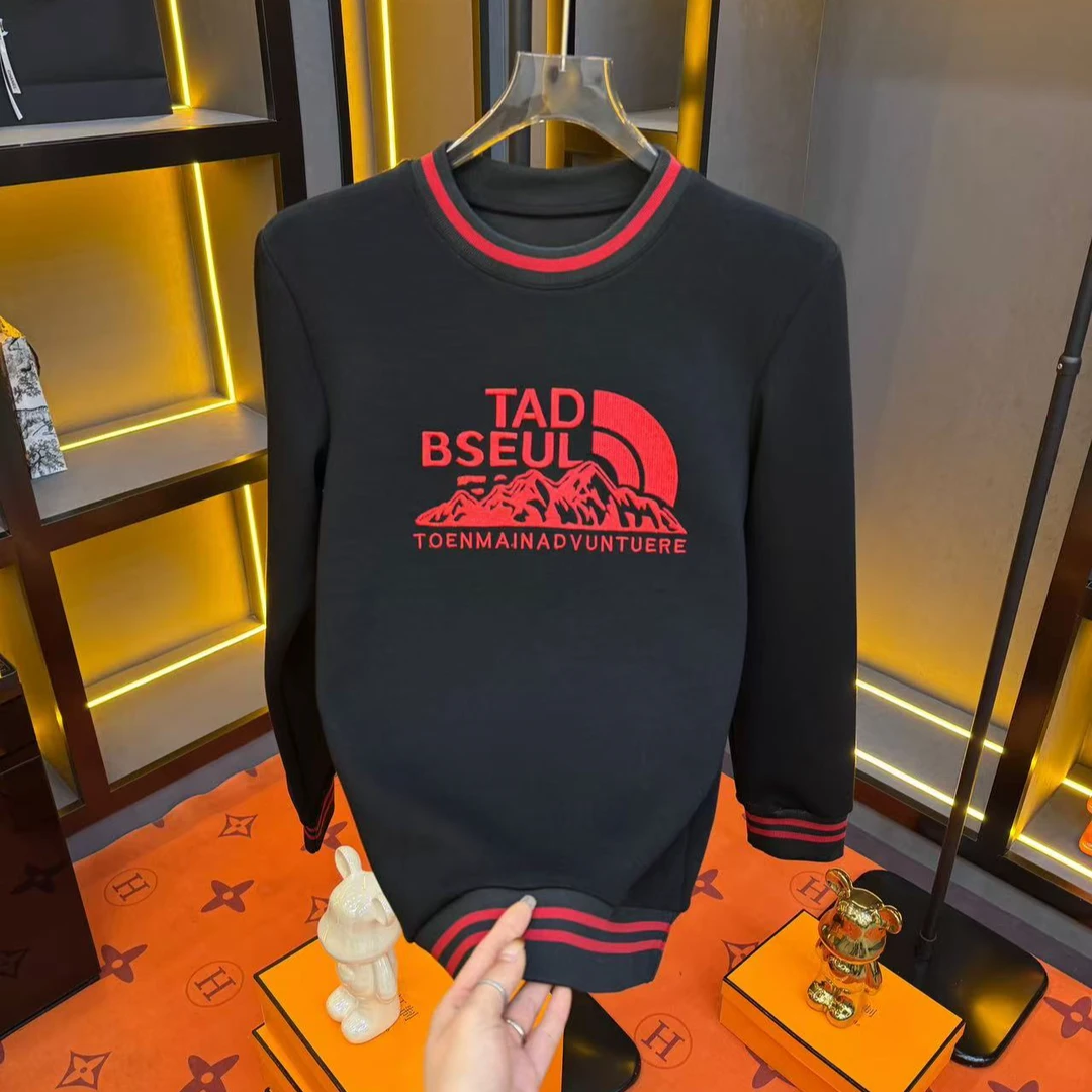 2024冬季新款圓領男士輕奢休閑百搭卫衣修身设计師刺繡9023款