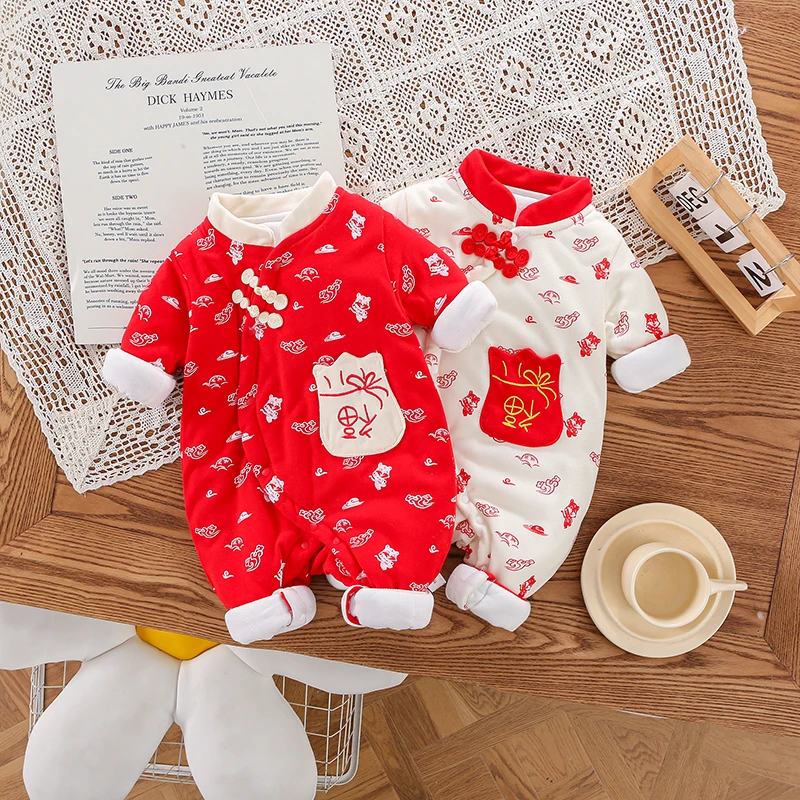 冬季新年装外穿休闲喜庆满月礼服大红拜年服长袖连体衣保暖祥云福