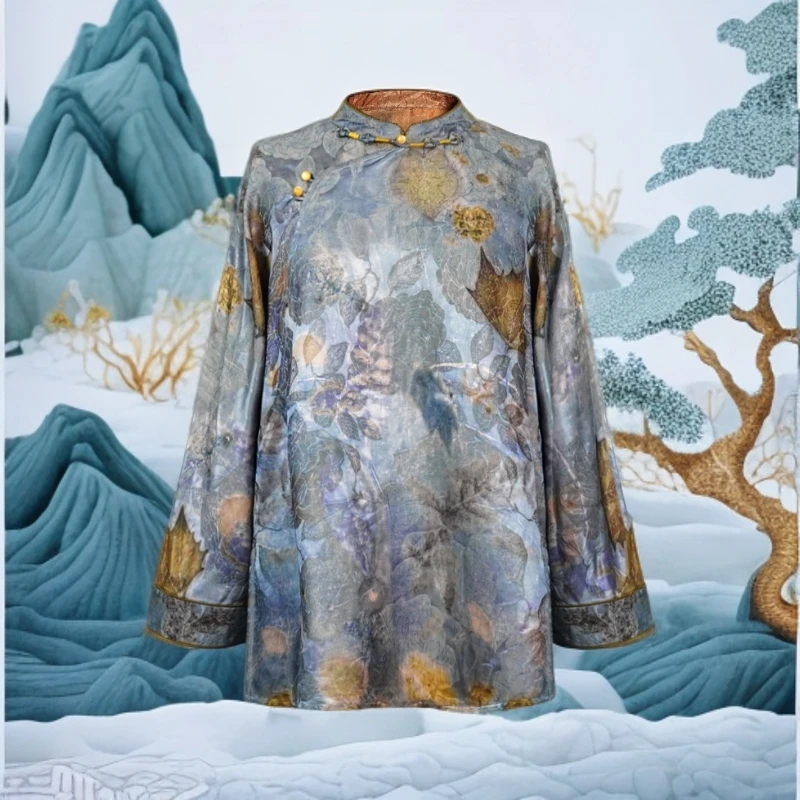 MM 2025年春夏新款国风新中式蓝牡丹金枫叶立领上衣24ZH843M