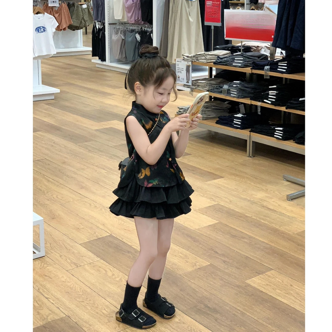 女童时髦休闲旗袍背心上衣黑色百褶裙两件套2025夏装新款半裙套装