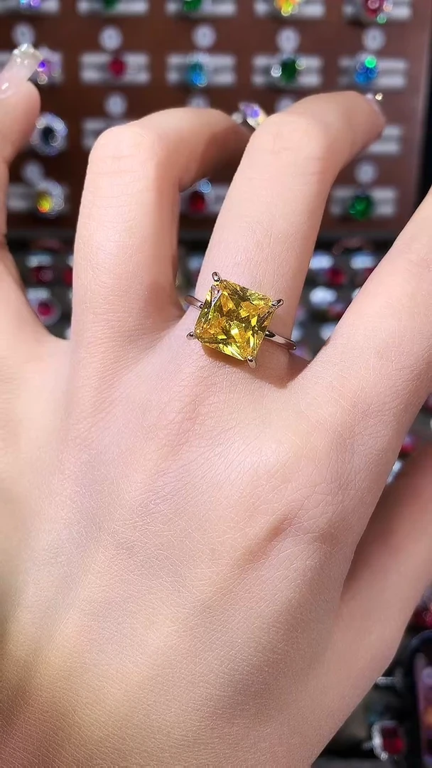 无925银满火彩金丝雀黄色戒指