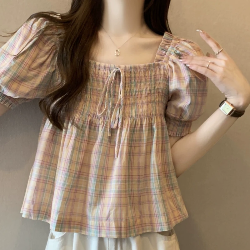 法式木耳边泡泡袖格子衬衫女装上衣洋气减龄短款网红洋气炸街女装